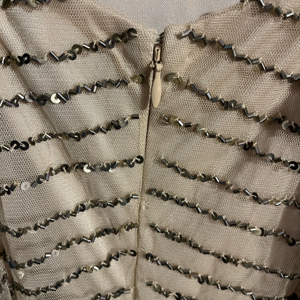 ADRIANNA PAPELL ART DECO BEADED BLOUSON GOWN IN TAUPE PINK SIZE 16 - Picture 11 of 17